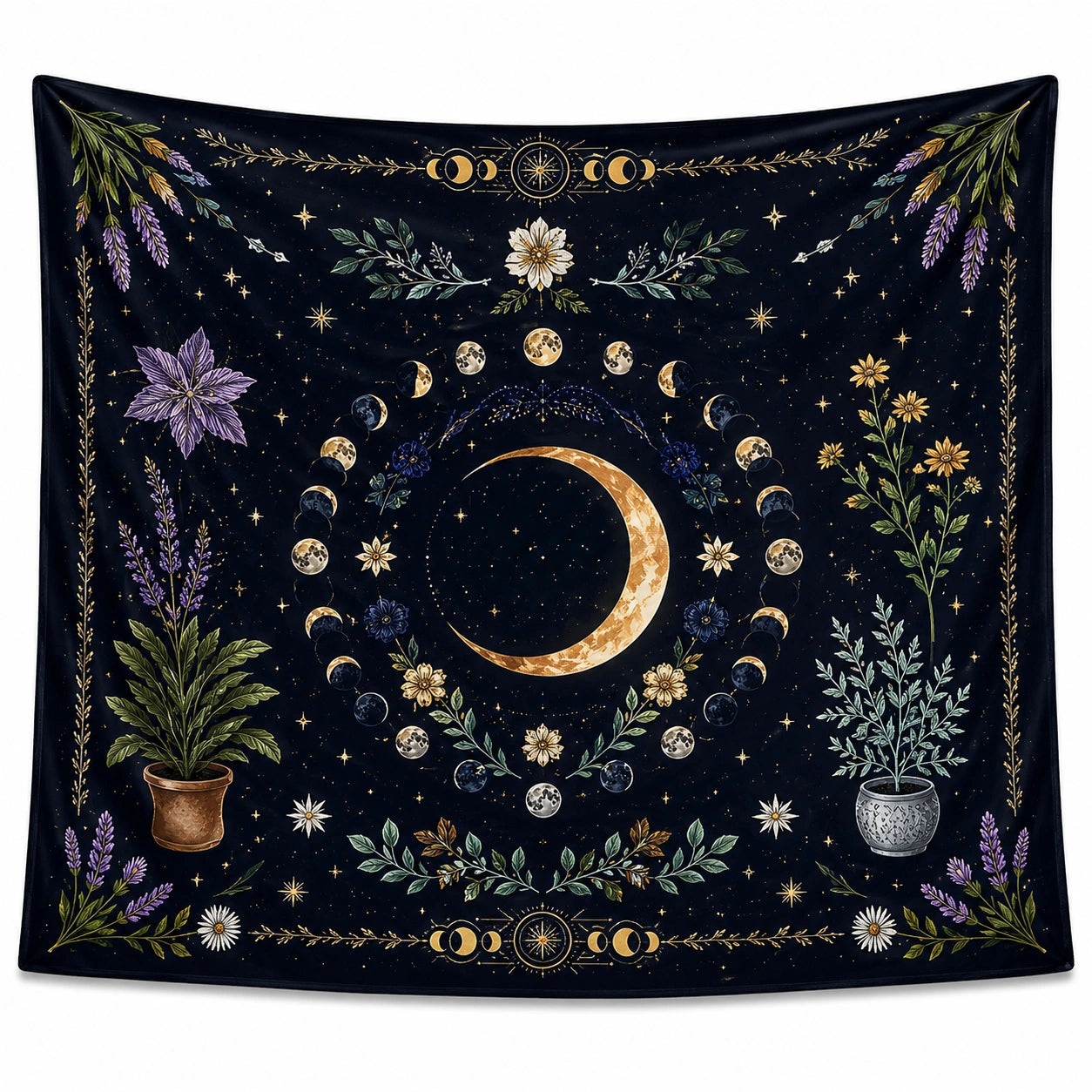 Tenture Murale Lunaire et Florale Boho 150x130 cm Noir