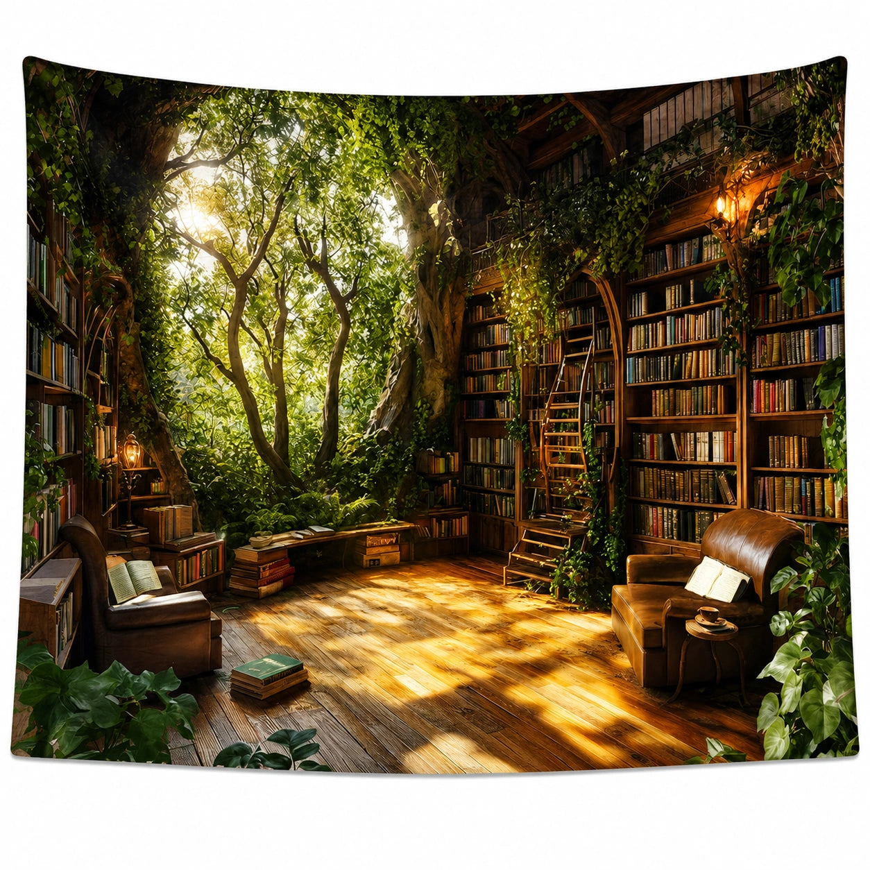 Tenture Murale Bibliothèque Naturelle avec Arbres et Lumière