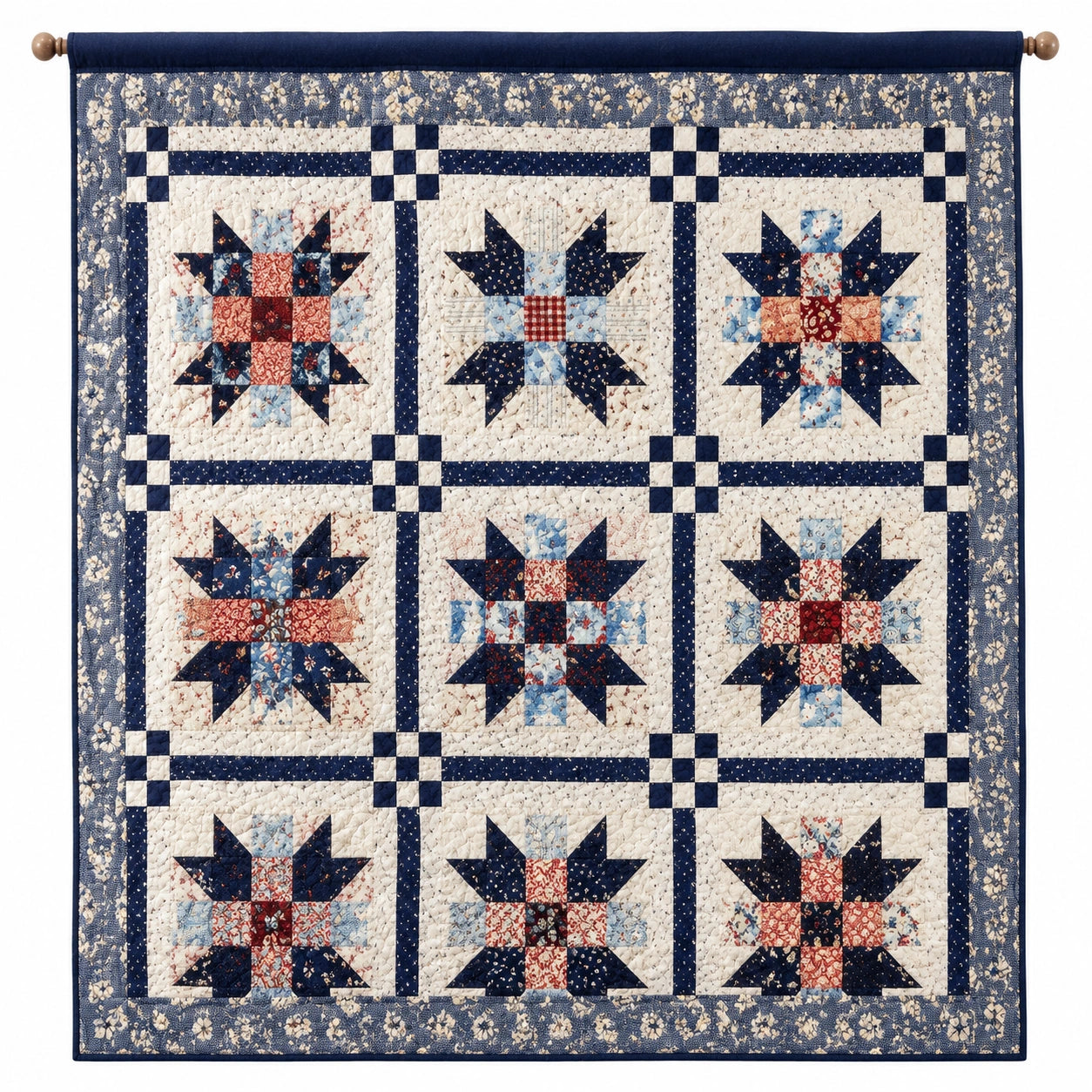 Tenture Murale Patchwork Traditionnelle 140x140cm Bleu et Rouge
