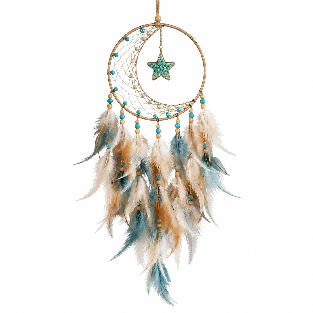 Attrape-rêves étoile lune avec plumes turquoise