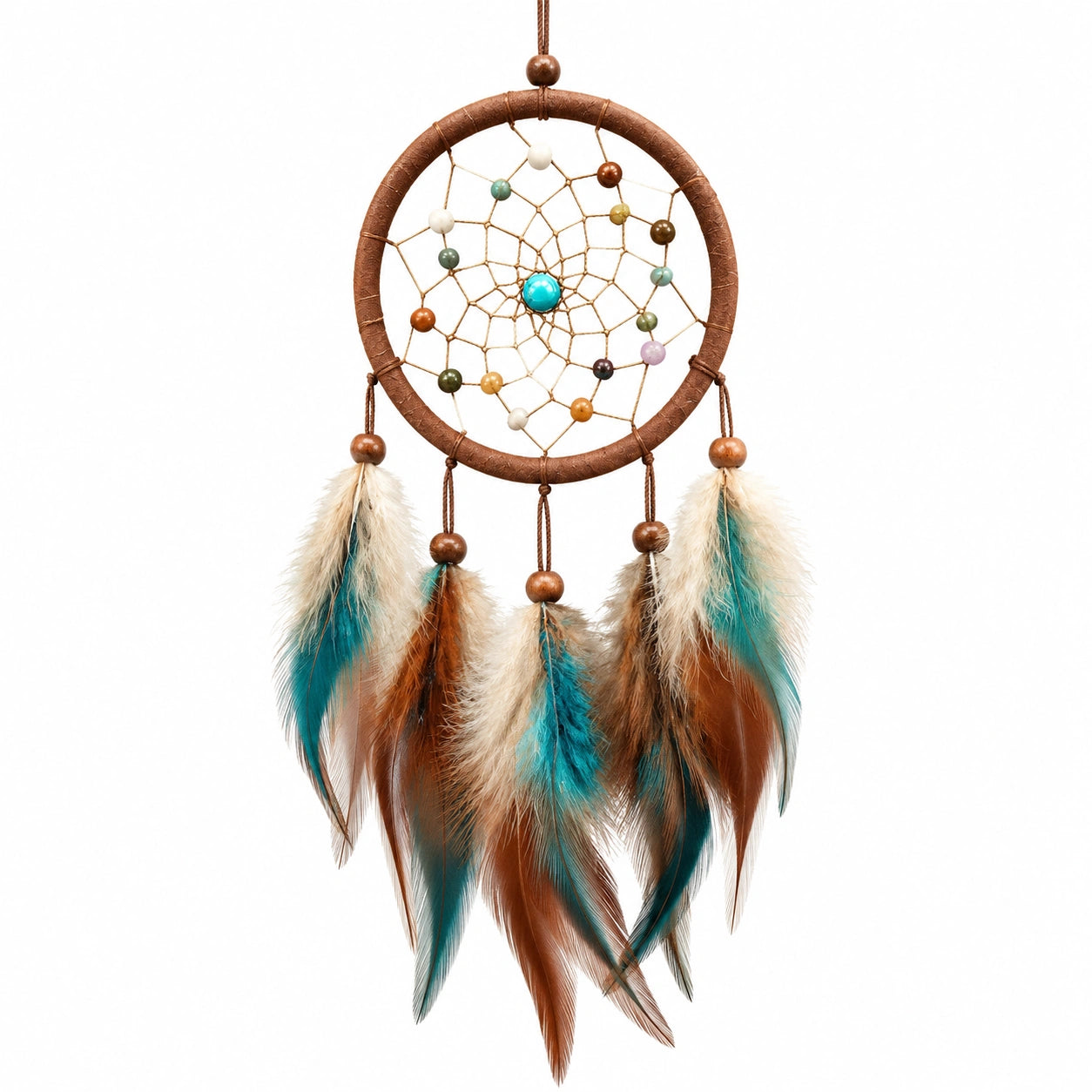 Attrape-rêves Bohème avec Plumes Turquoises, Marron et Blanches