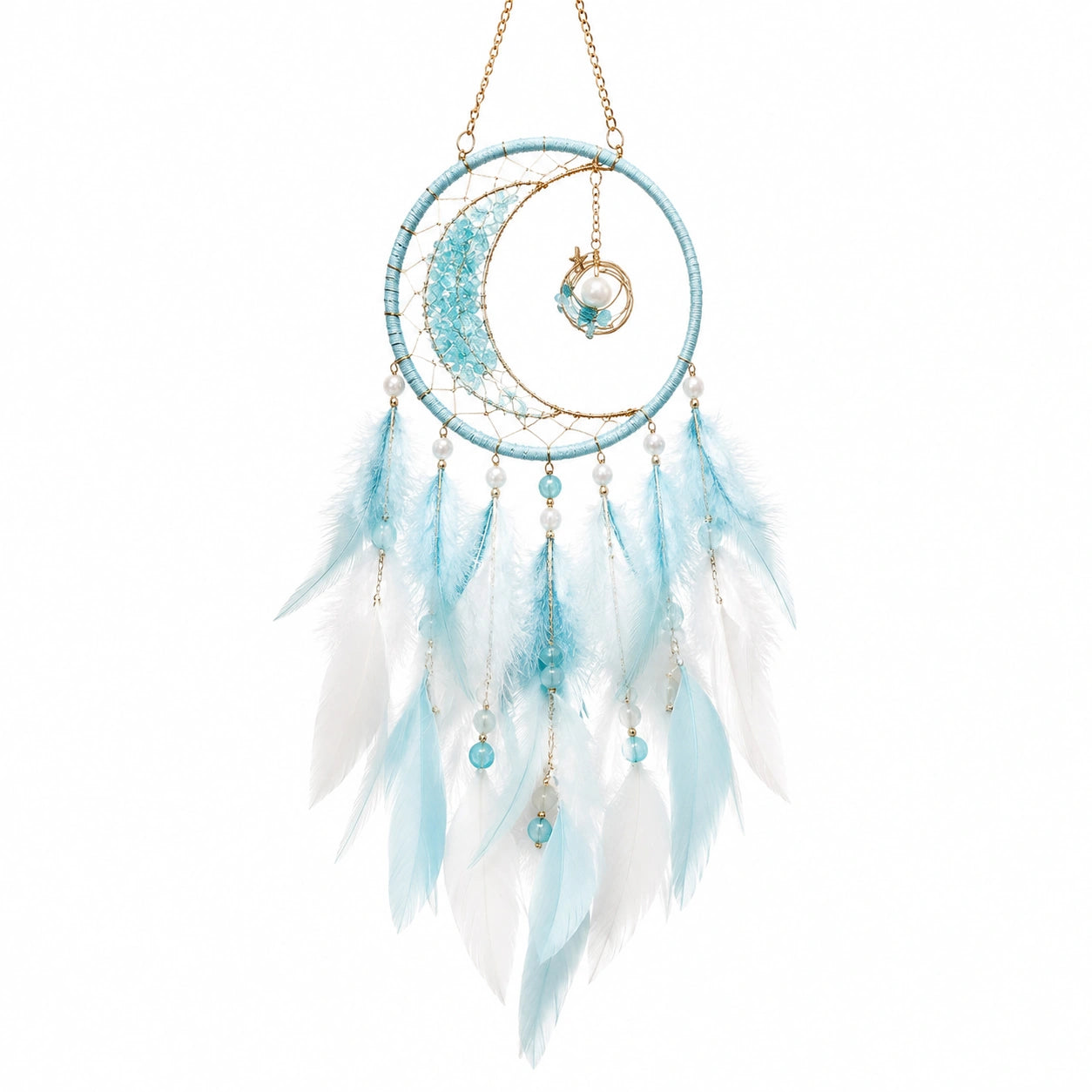 Capteur de Rêves Lune en Plumes Bleu Ciel et Blanc