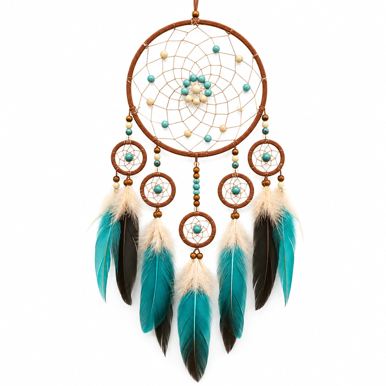 Attrape-rêves avec plumes turquoises et perles
