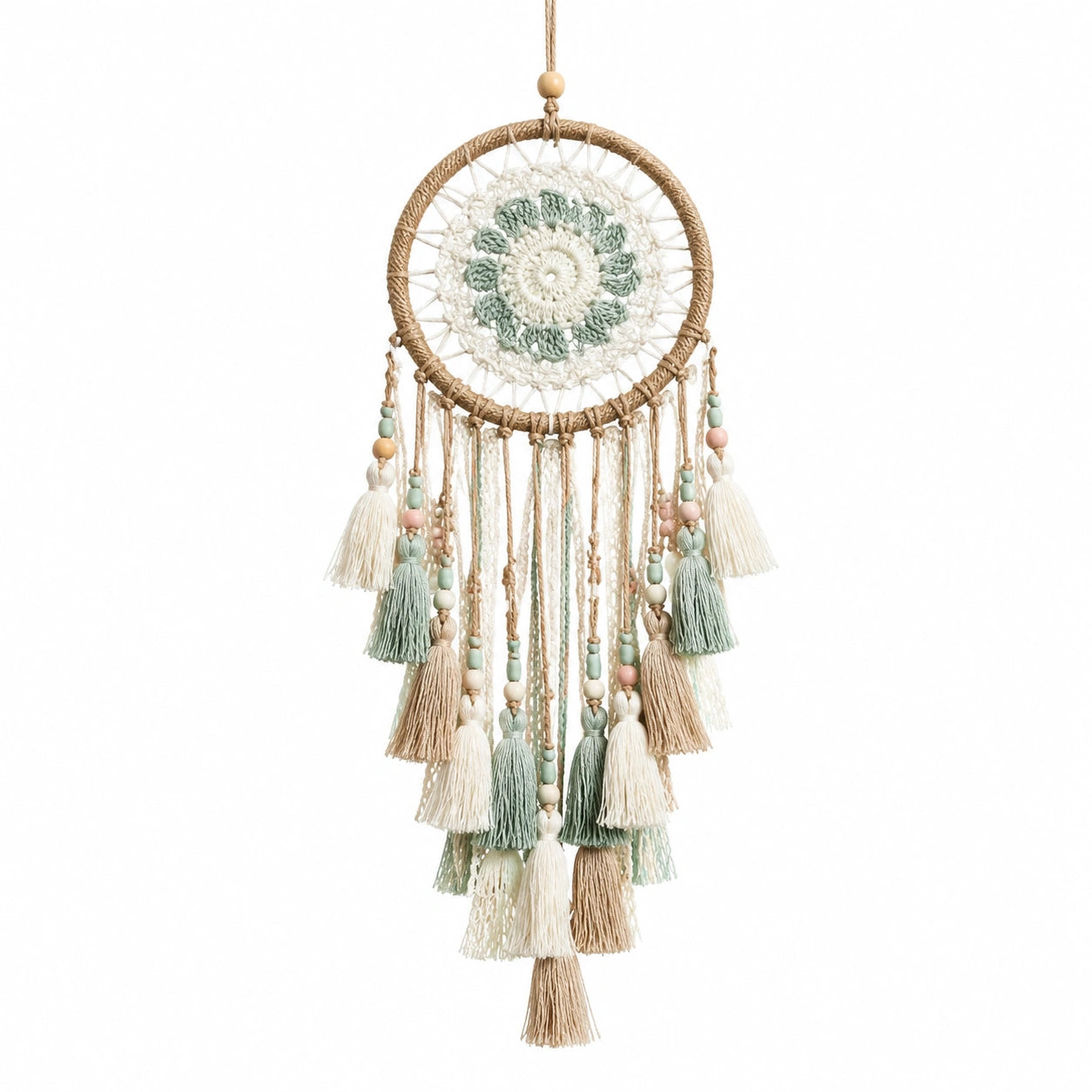 Attrape-rêves en macramé beige et vert avec perles