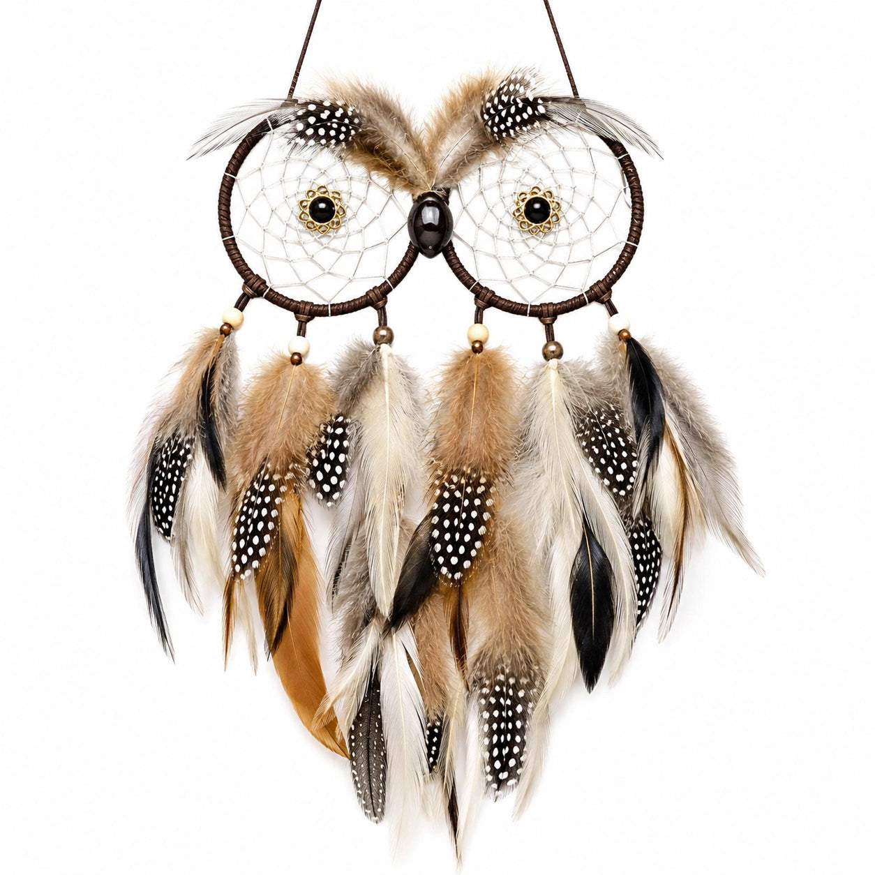 Décoration murale attrape-rêves hibou en plumes marron, blanc et noir