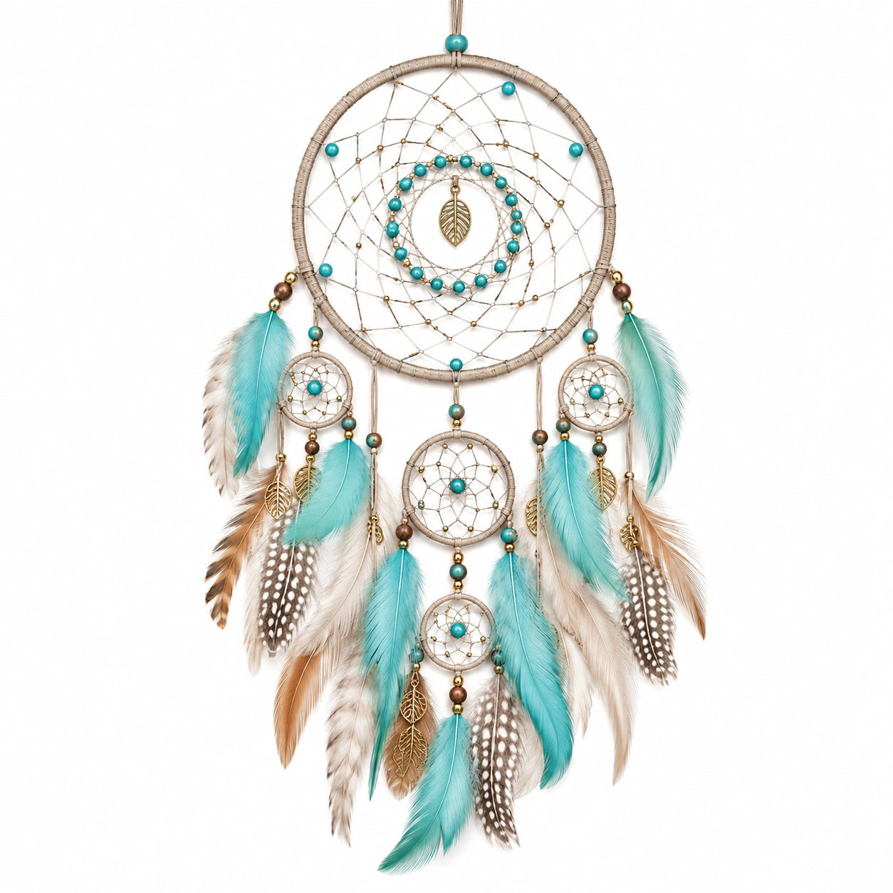 Attrape-rêves avec plumes turquoise et perles décoratives