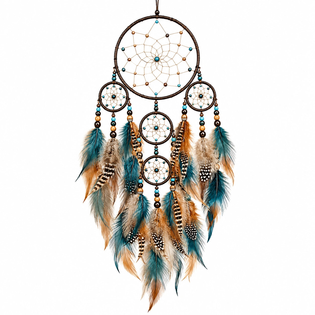 Attrape-rêves mural bohème avec plumes colorées - Marron/Bleu/Blanc