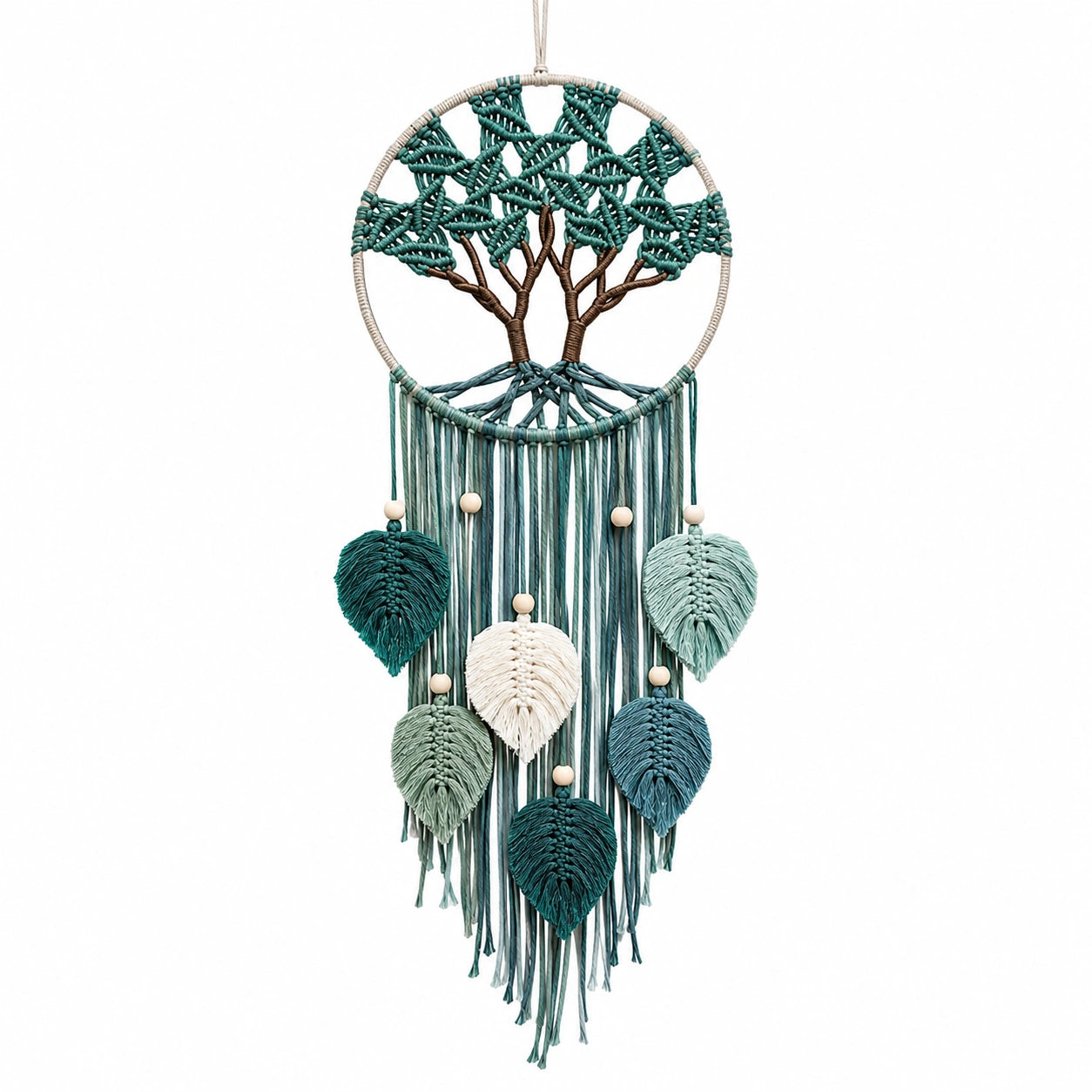 Capteur de rêves en macramé avec arbre et feuilles suspendues