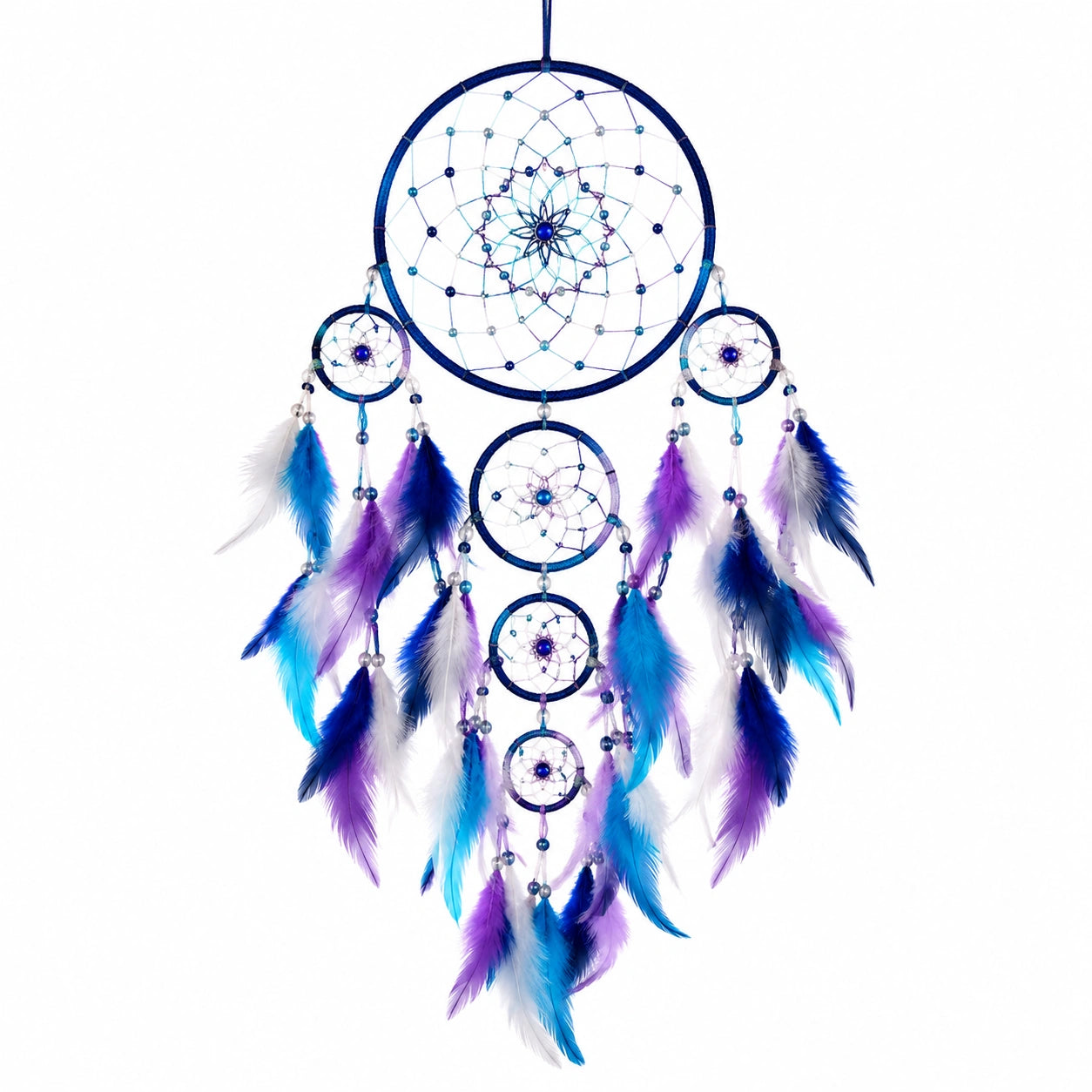 Attrape-rêves bohème en plumes bleues, violettes et blanches