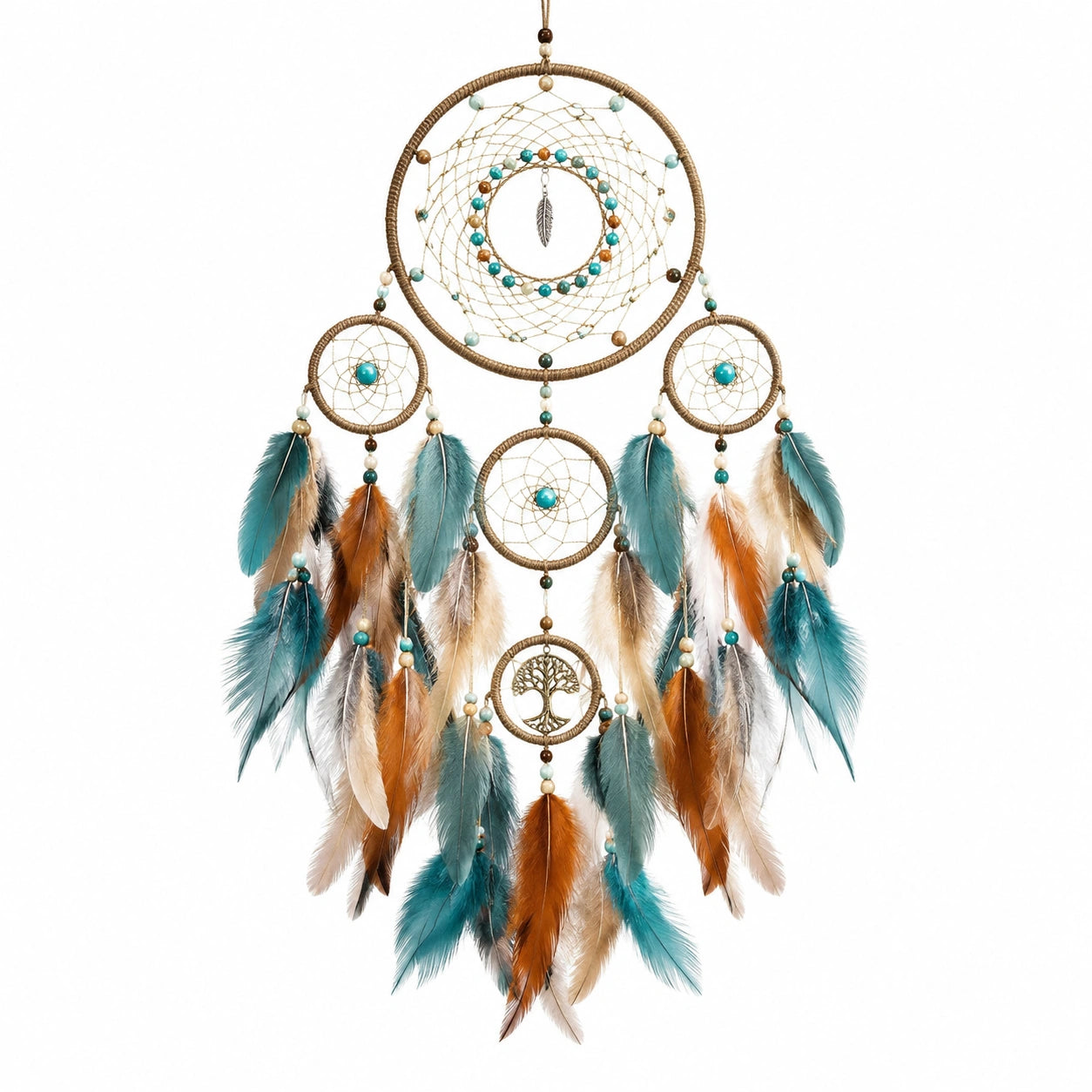 Attrape-rêves artisanal avec plumes turquoise et marron
