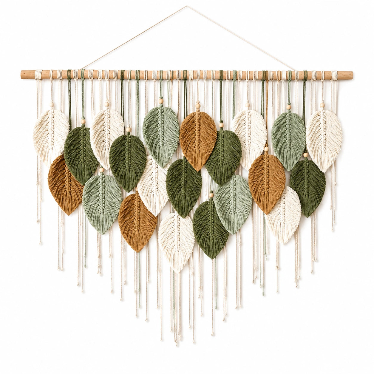 Décoration murale en macramé avec feuilles suspendues vert, beige et marron