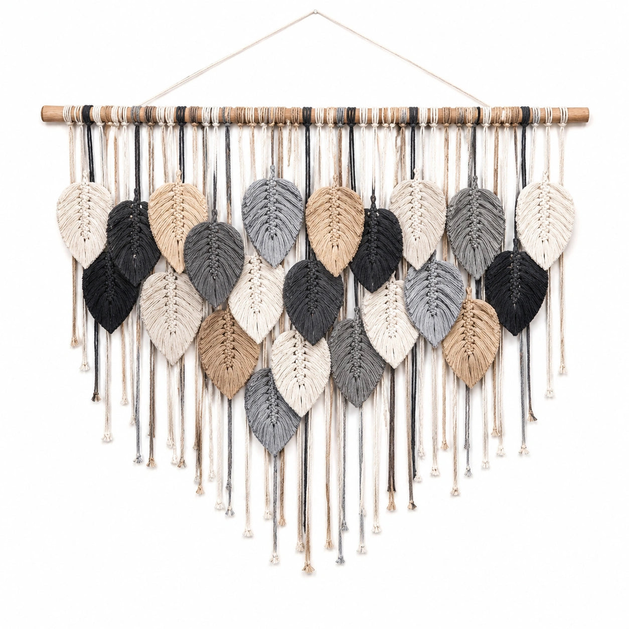 Tenture Murale Macramé Feuille Beige, Gris et Noir
