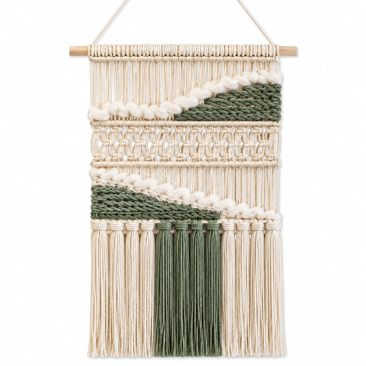 Tenture Murale en Macramé Tissée à la Main Beige et Vert