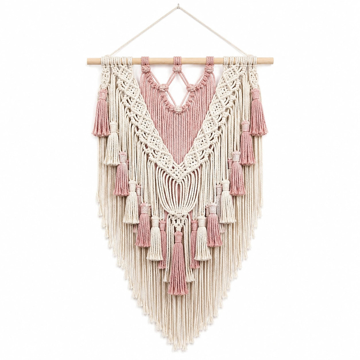 Tenture Murale Bohème en Macramé Beige et Rose