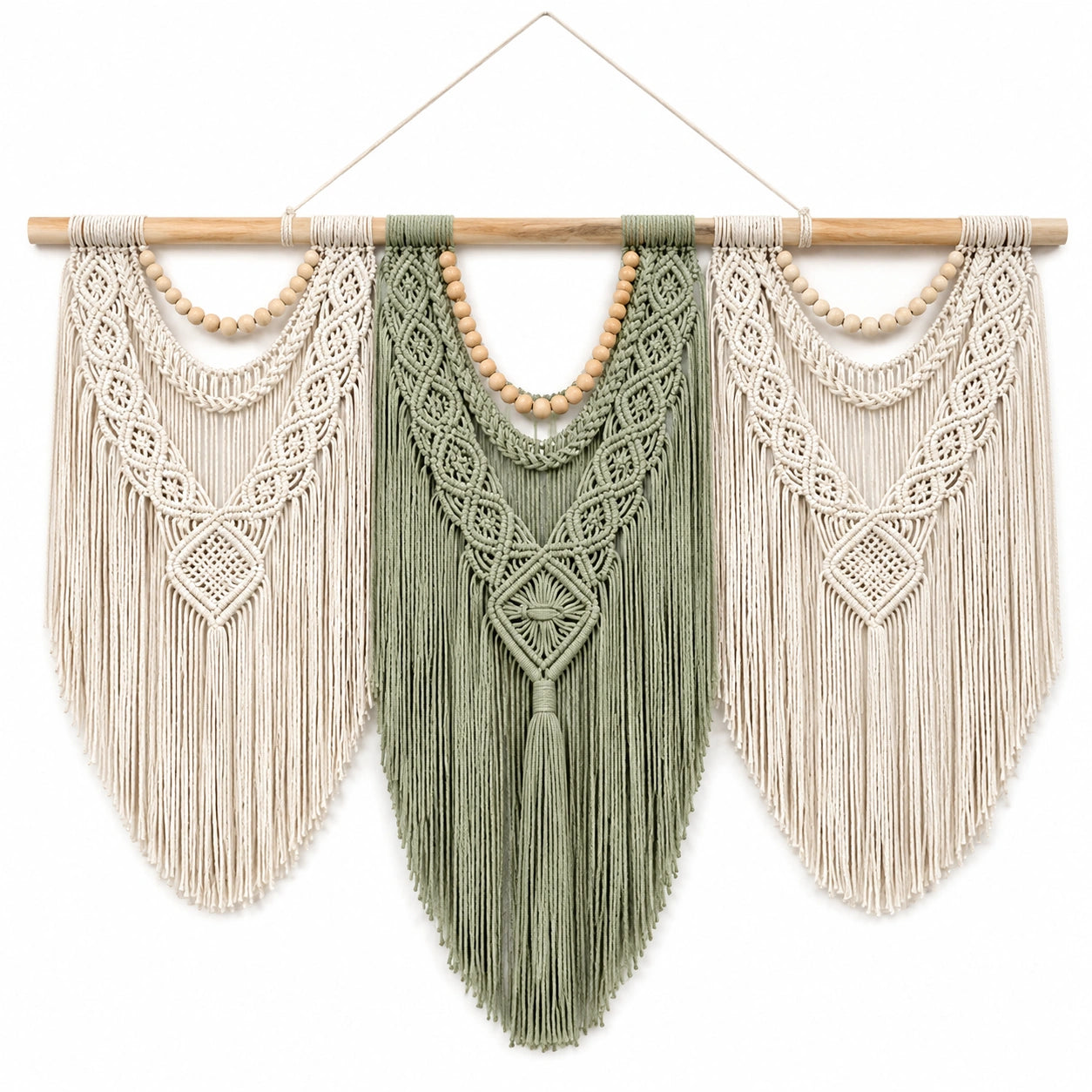 Tenture Murale en Macramé Bohème Beige et Vert avec Franges