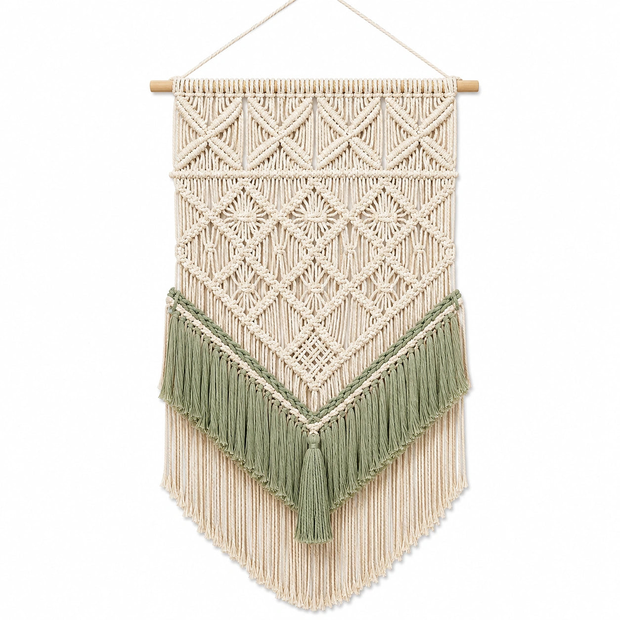 Tenture Murale en Macramé Beige et Vert avec Franges