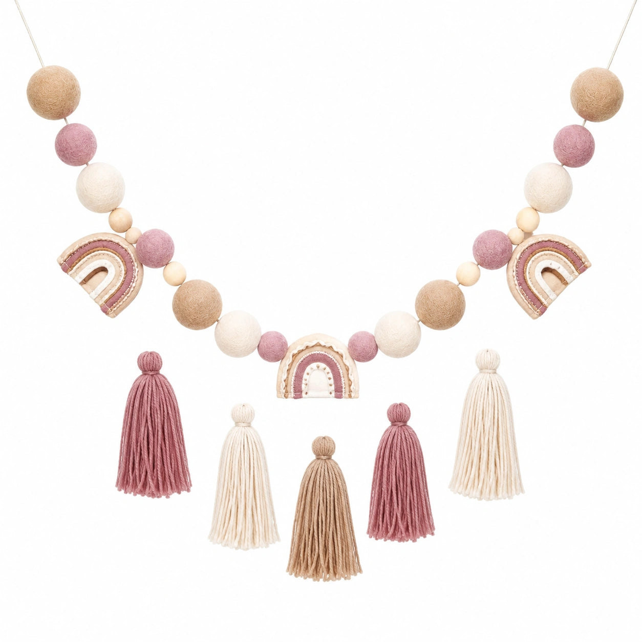 Guirlande Déco Arc-en-ciel avec Pompons en Rose, Beige et Blanc