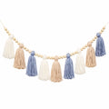 Guirlande de Pompons et Perles en Bois Beige, Bleu et Blanc