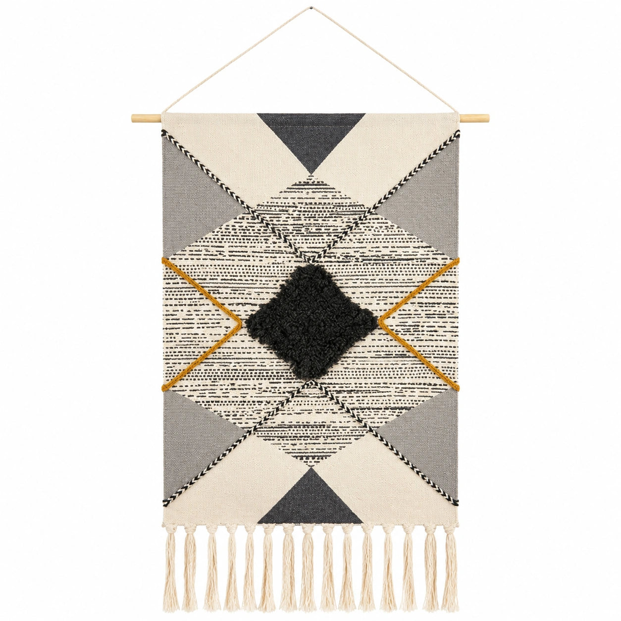 Tenture Murale Tissée Géométrique Beige/Noir/Gris 40x60 cm